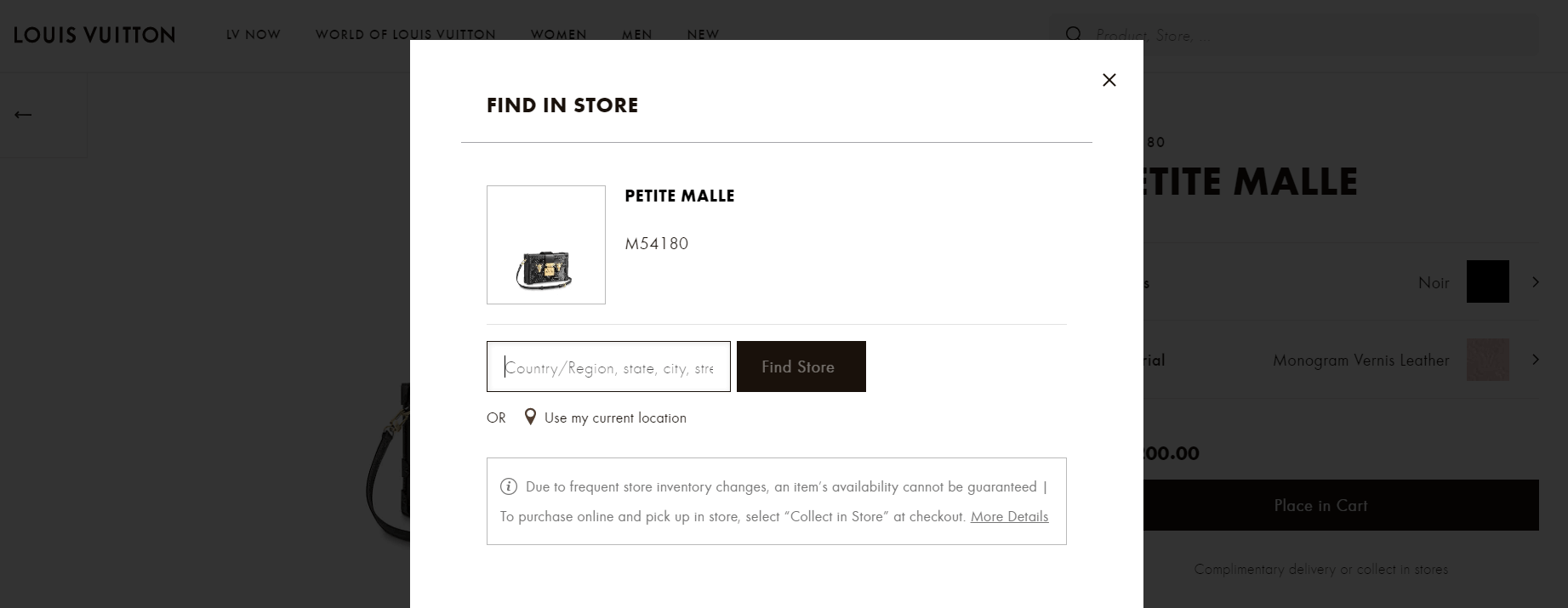 Louis Vuitton find in store website feature 