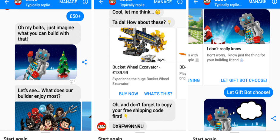 Another example is Lego chatbot, which makes relevant suggestions on gifts.