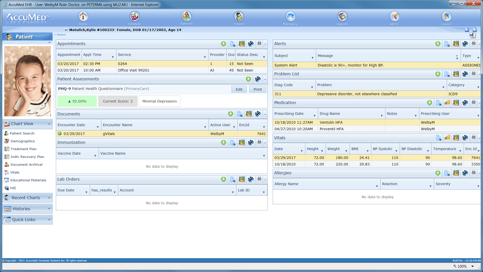 Example of an electronic medical record interface
