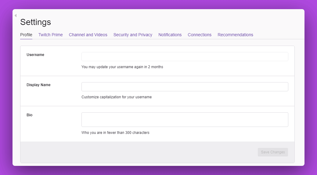 Twitch user profile settings